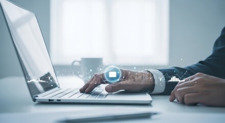 Professional analyzing data on laptop with financial charts overlay