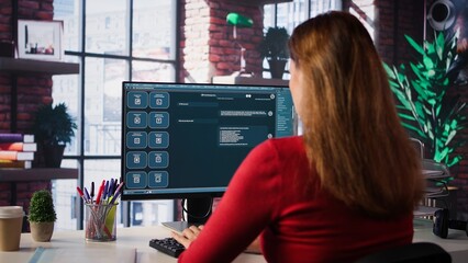 Online interaction with an AI chatbot system on a desktop setup, woman using technology evolution, virtual assistance and automated dialogue for data driven productivity and innovation. Camera B.