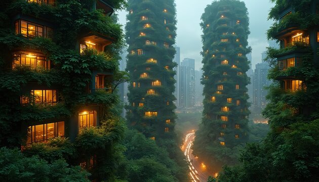 Solar punk city utopian vision of nature, technology integration. Verdant skyscrapers covered in rich green plants, illuminated windows suggest vibrant urban life. Eco-friendly architecture blends