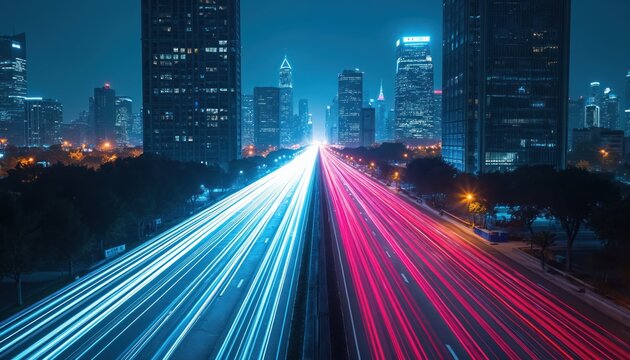 Abstract visualization of smart city development with digital light trails over urban skyline at night. Blue, red light streaks represent 5G technology, fiber optics, fast communication flow. Modern - Powered by Adobe