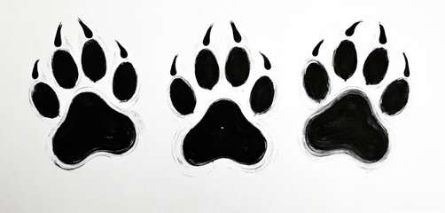 Fototapeta premium Black and white paw prints in different sizes on light gray background. Three unique paw prints in diagonal line. Largest paw print top left, smallest bottom right. Paw prints slightly overlap.
