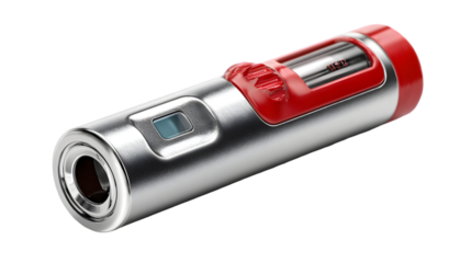 A close up of a silver and red device with a small screen and a red cap on a black background