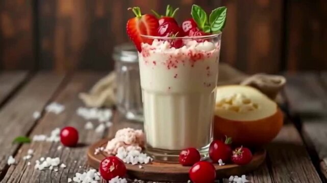Creamy white drink with red fruit on wood presents food photography, branding, or social media visuals.