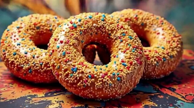 Colorful simit bagels with speckled texture sit on a vibrant surface, perfect for food product photography or social media branding.
