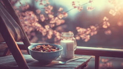 A bowl of cereal with milk on a wooden table outdoors.
