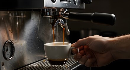Hand pulling the lever of a manual espresso machine, with rich, dark coffee flowing into a cup, close-up shot highlighting the brewing process, aroma, and crema, concept of artisanal coffee making.