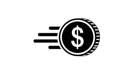 Vector art of a black and white illustration of a dollar coin in motion, symbolizing fast financial transactions and economic movement