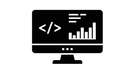Vector art of a computer screen displays a bar graph and code symbols, representing data analysis and programming