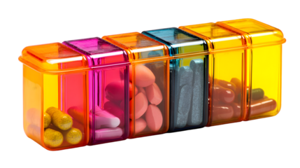 Close up of a colorful pill organizer filled with various pills and capsules on a black background