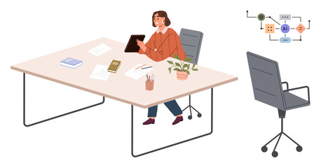 Woman working at desk with tablet, documents, and plant. Flowchart shows AI integration. Ideal for creativity, technology, innovation, workflow office productivity strategy growth. Simple flat
