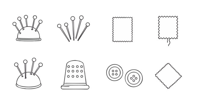 Minimalist outline icon set for sewing and haberdashery. Vector collection of tailor's tools including pincushion, thimble, and buttons.