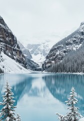 Tranquil turquoise lake reflects snow-capped mountains in winter landscape.