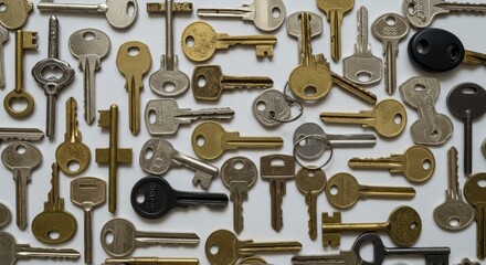 Assorted Vintage Keys Scattered on White Surface