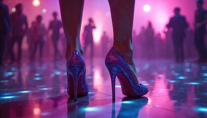 Glittery blue high stiletto heels worn on a dance floor. Sparkling footwear shines under vibrant colorful club lights. Figures dance in the background creating a lively nightlife atmosphere.