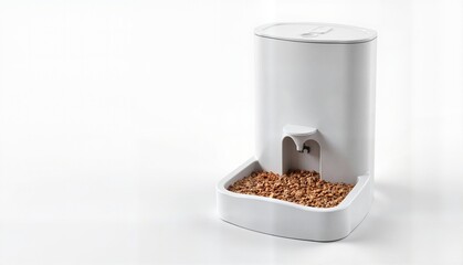 Fototapeta na wymiar Stylish modern pet feeder with kibble inside on a pristine white background, functional design concept of pet care or veterinary