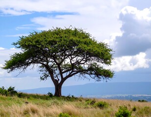 Fototapeta premium Single tree on a grassy hilltop under a partly cloudy sky