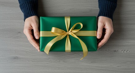 Hands Holding Emerald Gift with Golden Ribbon
