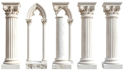 Naklejka premium Five white stone columns and arches, isolated