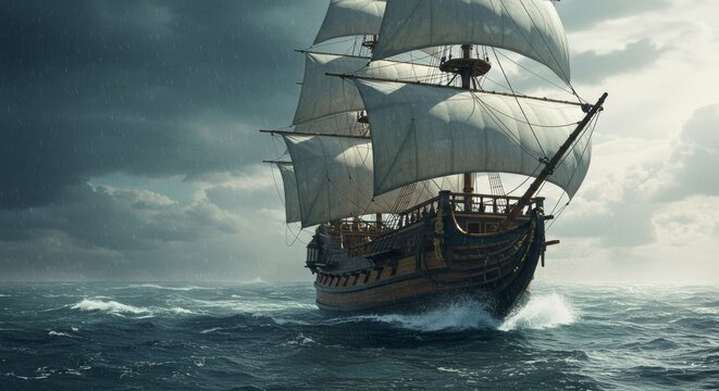 Historic sailing ship battles a stormy sea with dramatic skies.
