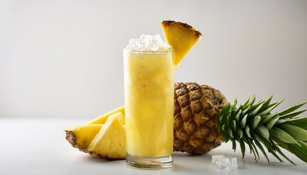delicious tropical guarapo de pia drink served in a tall glass with crushed ice and fresh pineapple garnish on a bright white background