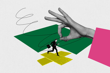 Sketch design trend artwork poster 3D photo collage of sleeve body language symbol sign finger showing okay pull young man formalwear run