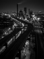 Fototapeta premium Industrial rail yard at night with illuminated tracks and smokestacks.