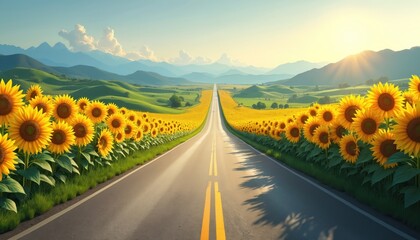 Scenic countryside road lined with vibrant yellow sunflowers under soft blue sky. Rolling green hills, mountains form picturesque backdrop. Sun shines brightly creating warm, inviting summer
