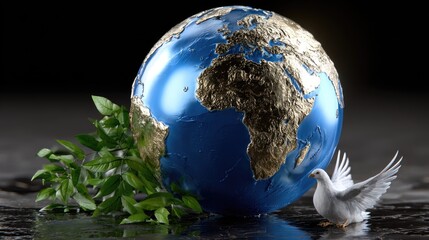 A globe with golden continents rests on a dark surface, accompanied by a white dove and lush green leaves. This imagery represents the spirit of international peace month, emphasizing unity and hope