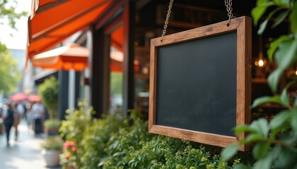 Black restaurant signboard design with wooden frame hanging outdoors. Empty signage display mockup template for menu, advertisement, or branding in eatery, shop, or store front.