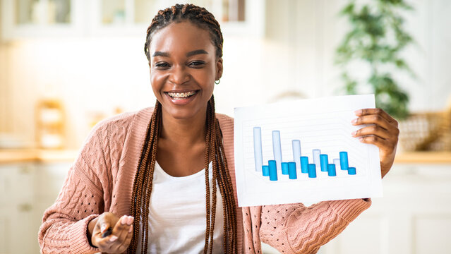 Work From Home. Cheerful African Financial Councelor Woman Showing Financial Reports At Camera, Smiling Black Lady Demonstrating Economical Graphs And Charts, Making Virtual Presentation, Free Space