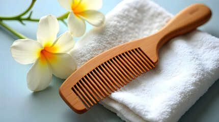 Wooden comb placed on white towel with flowers for natural self care