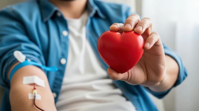 A person holds a red heart symbol in their hand while their arm is prepared for blood donation - Powered by Adobe
