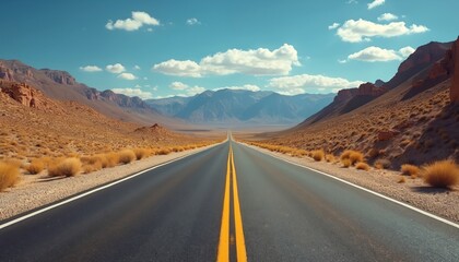 Open desert highway stretches towards distant mountains under bright blue sky with scattered clouds. Asphalt road features double yellow line, signifying direct path forward. Dry brush, rocky hills