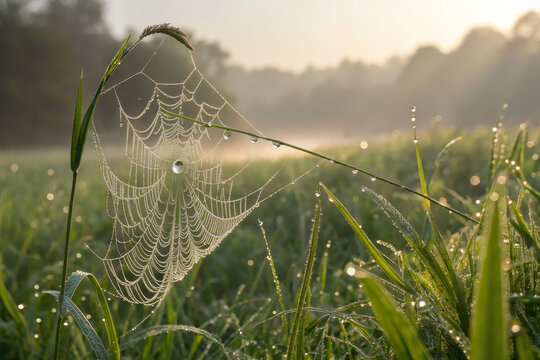 Macro close up delicate spider web covered with morning dew drops on wild meadow grass sparkling in sunlight - Powered by Adobe