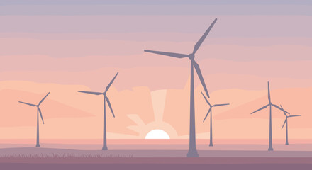 Wind turbines at sunset against colorful sky with grass in foreground. Vector illustration