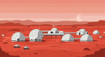Mars colony with geodesic domes and rovers in a martian landscape under pink sky. Vector illustration