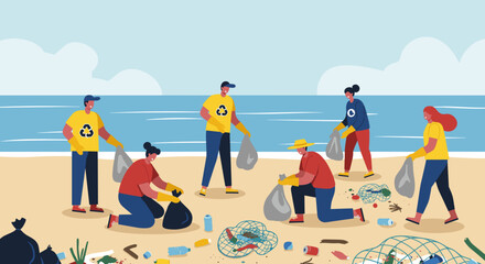 Diverse young group cleaning beach: eco volunteers removing trash from coastline. Vector illustration