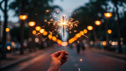 Hand holding a sparkler with blurred bokeh lights in background