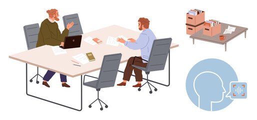 Two people collaborating at a table with laptops, documents, and books. Files on shelves and icon of speech and communication signify teamwork, organization, and information exchange. Ideal for work