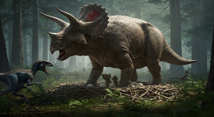 A triceratops protecting its nest from a velociraptor in a lush prehistoric forest environment scene