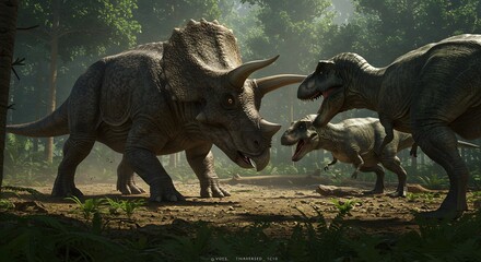 Fototapeta premium A triceratops faces two tyrannosaurus rex in a dense prehistoric jungle environment illustration