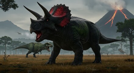 A triceratops roars in a prehistoric landscape with a tyrannosaurus rex and erupting volcano in the background