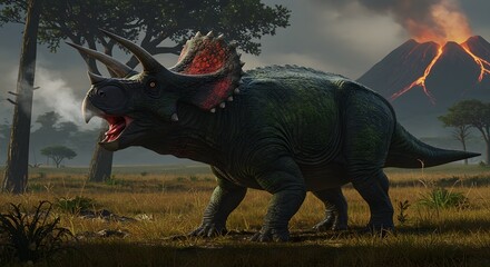 Fototapeta premium A triceratops roaring in a field with a volcano erupting in the background under a cloudy sky