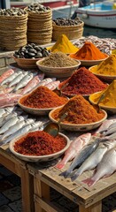 Fototapeta premium Fresh Fish and Vibrant Spices Displayed at a Market Stall