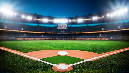 Obraz premium baseball field in a brightly lit outdoor stadium focused foreground with a blurry background for copy space
