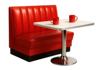 Red diner booth with table and two red mugs on transparent background