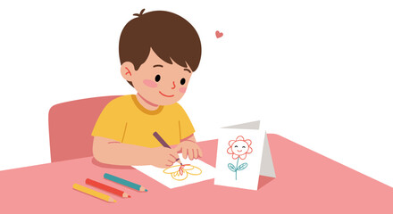 Young caucasian boy drawing a flower at a pink table with colored pencils. Vector illustration
