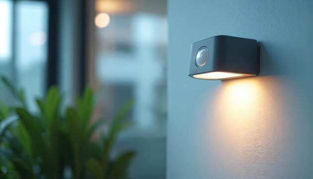 Modern wall lamp with motion sensor provides automated lighting. Improves energy efficiency security. Contemporary design complements commercial building interiors. Warm light illuminates textured
