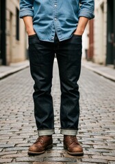 Man in denim shirt and dark jeans with leather boots on cobblestone street.