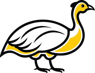 Stylized guinea fowl presents bold yellow and white plumage against a clean background